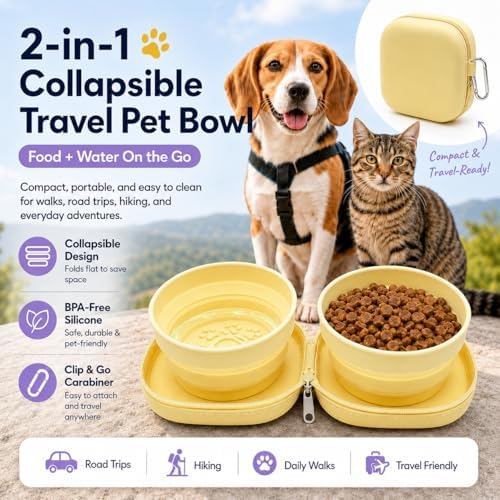 Portable Dog Bowl, Collapsible 2-in-1 Travel Dog Bowls with Carabiner Clip, Silicone Double Pet Food and Water Dish for Outdoor Camping and Hiking (Yellow) - Image 2