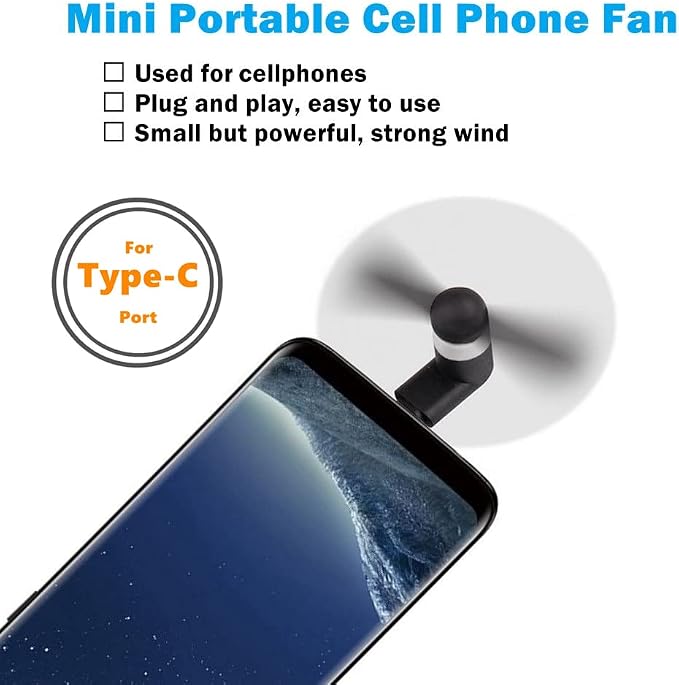 Type USB C Cell Phone Fan for iPhone Series 15, 15 Plus,15 Pro, 15 Pro Max, 16,16 Plus, 16 Pro, 16 Pro Max, for Samsung Galaxy S Series, A1/A2/A3/A5 Series, M1/M3/M5, Note Serie (Black x6) - Image 5