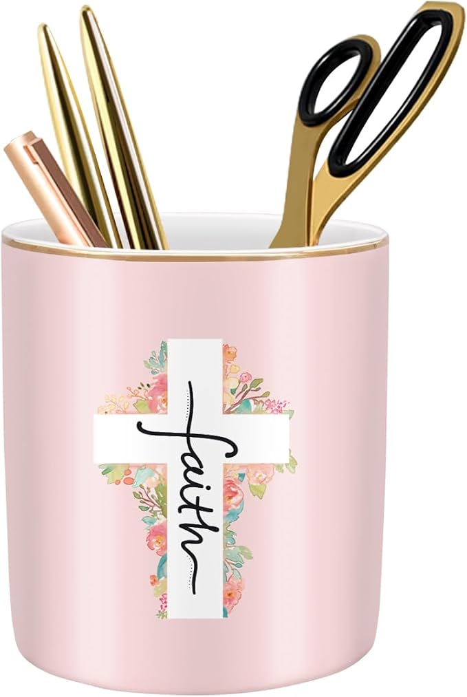 Ceramic Pen Holder for Desk Cute, Pencil Holder Cup, Makeup Brush Holder Pink, Multi-Functional Organizer for Office, Religious Style by WAVEYU