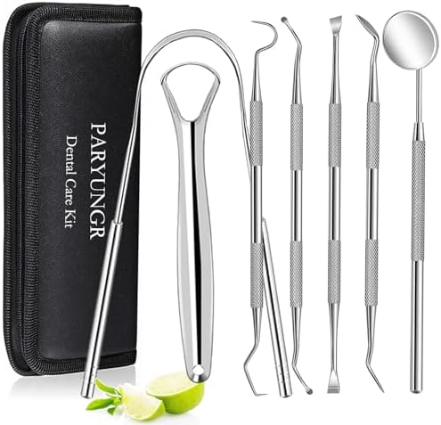 7 Pack Dental Tools, Teeth Cleaning Oral Care Hygiene Kit, Stainless Steel Tongue Scraper Plaque Tartar Remover Dental Picks Mouth Mirror, Professional Tooth Cleaner Tool Set with Case by PARYUNGR