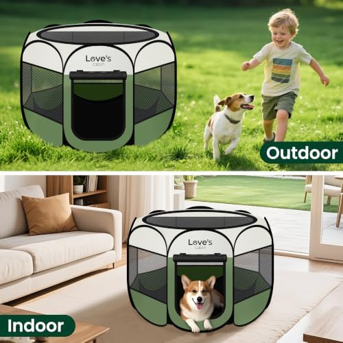 Love's cabin Pet Puppy Dog Playpen, Small Dog Tent Crates Cage Indoor/Outdoor, Portable Playpen for Cat, Foldable Pop Up Dog Kennel Playpen with Carring Case, Removable Zipper Top, Olive Green - Image 6