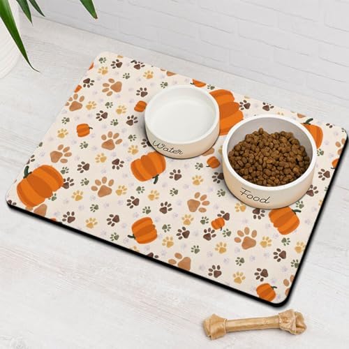 Fall Pumpkin Dog Food & Water Mat, Paw Prints Autumn Pet Feeding Mat for Floor Non-Slip Waterproof, Super Absorbent Cat Bowl Mat, Easy to Clean Eco-Friendly Durable Pet Placemat,17" × 30" by Stunnoosy