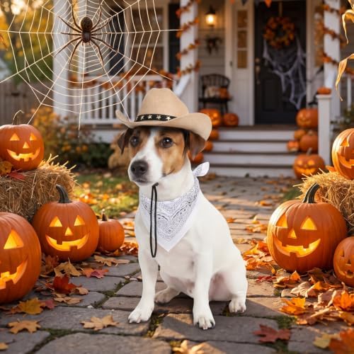 Pet Cowboy Costume, Dog Cowboy Hat with Bandana Scarf, Adjustable Cat Cowboy Hat for Party Cosplay Christmas, Halloween Cowboy Costumes for Small Pet Dogs Cats (Khaki, Small) - Image 5
