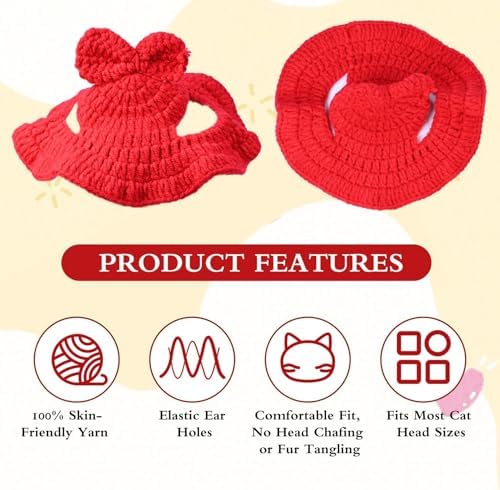 Bow Cat Hat, Cotton & Soft Cute Knitted Hats for Cats Birthday Party Spring Christmas Puppy Hat for Small Pets (Red, M) - Image 5