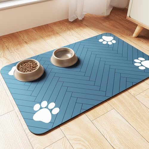 Pet Feeding Mat-Absorbent Pet Placemat for Food and Water Bowl, with Waterproof Rubber Backing, Quick Dry Water Dispenser Mat for Dog and Cat (27"x17", Blue) by Incenseburner