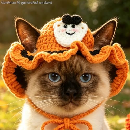 Ghost Cat Hat, Cotton & Soft Cute Knitted Hats for Cats Birthday Party Halloween Christmas Spring Puppy Hat for Small Pets (Orange,M) - Image 6