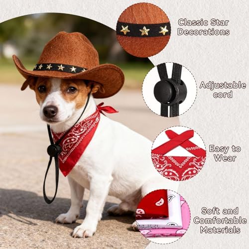 Pet Cowboy Costume, Dog Cowboy Hat with Bandana Scarf, Adjustable Cat Cowboy Hat for Party Cosplay Christmas, Halloween Cowboy Costumes for Small Pet Dogs Cats (Brown, Medium) - Image 4