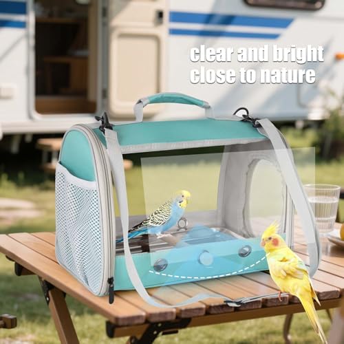 Bird Carrier, Portable Small Bird Parrot Parakeet Carrier with Standing Perch and Stainless Steel Tray, Side Access Window Collapsible (Green, Cylinder Design - Clear) - Image 4
