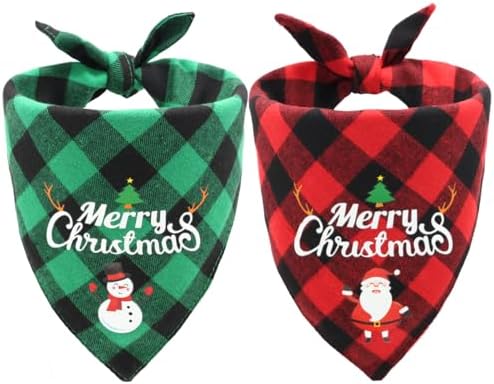 Christmas Dog Bandanas 2PCS-XLarge,Classic Plaid Triangle Holiday Scarf with Santa and Snowman Prints,Winter Pet Outfit for Boy and Girl Dogs,Red Green Plaid Dog Costume for Extra Large Dogs by CozyHaus