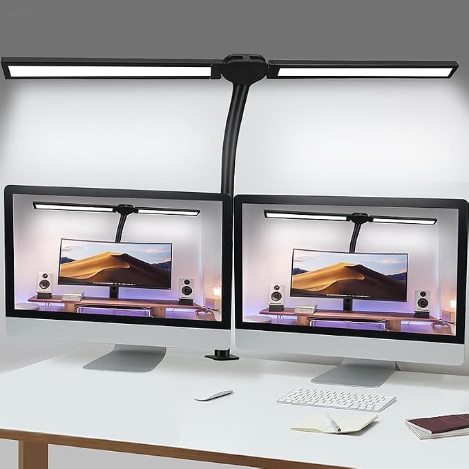 Double Head LED Desk Lamp for Office - Eye Caring Lamp with Clamp | Flexible Adjustable Lighting Gooseneck Desk Light, 4 Color Modes & 5 Brightness Levels for Monitor Workbench Study by vimeepro