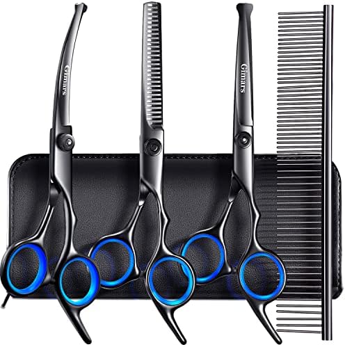 Gimars Dog Grooming Scissors Kit Professional 4CR with Safety Round Tip, 5 in 1 Heavy Duty Titanium Coated Thinning & Curved & Straight Shears by Gimars