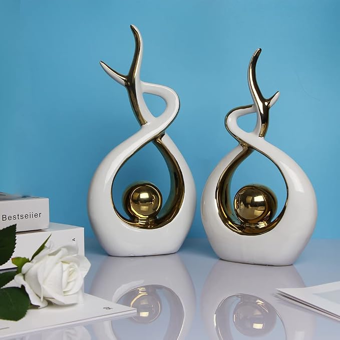 Norrclp Home Decor Modern Abstract Art Ceramic Statue Table Decorations for Dining Room Living Room Office Centerpiece (White and Gold, Small) - Image 3