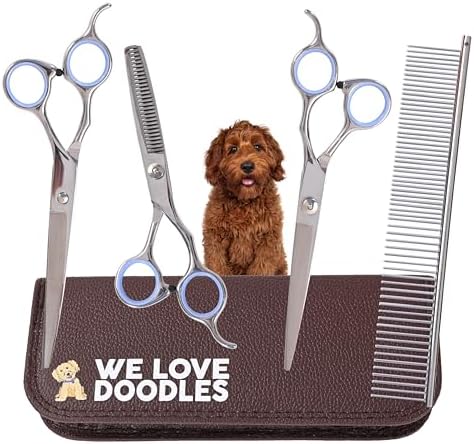 Dog Grooming Scissors Kit, Curved, Straight & Thinning Shears Set, Silver by WeLoveDoodles