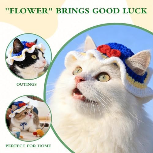 White Snow Cat Hat, Cotton & Soft Cute Knitted Hats for Cats Birthday Party Spring Christmas Puppy Hat for Small Pets (White Snow, M) - Image 2