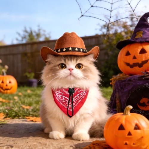 Pet Cowboy Costume, Dog Cowboy Hat with Bandana Scarf, Adjustable Cat Cowboy Hat for Party Cosplay Christmas, Halloween Cowboy Costumes for Small Pet Dogs Cats (Brown, Medium) - Image 7