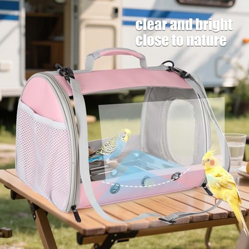 Bird Carrier, Portable Small Bird Parrot Parakeet Carrier with Standing Perch and Stainless Steel Tray, Side Access Window Collapsible (Pink, Cylinder Design - Clear) - Image 4