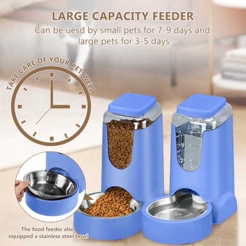 HWONMTE Portable Automatic Cat Feeder and Water Dispenser with Stainless Steel Bowl Dog Gravity Food Feeder and Waterer for Small Medium Pets Puppy Kitten 1 Gallon x 2 (Sapphire Blue) - Image 5