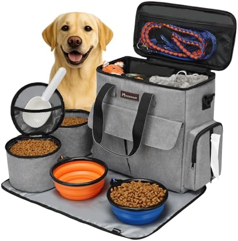 Modoker Weekend Dog Travel Bag Set with 2 Food Bags, 2 Bowls and Mat, Grey by Modoker