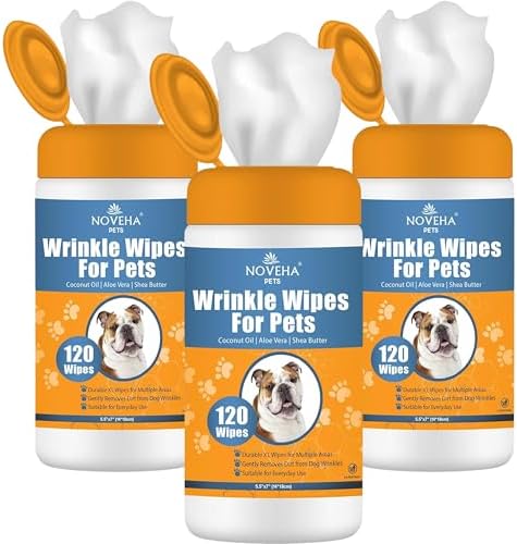 NOVEHA 5”x7” Large Dog Wipes | Wipes for Bulldog, French Bulldog, Pug, English Bulldog | Deodorizing, for Multiple Areas Removes Dirt, Wrinkles, Folds, Tear Stain, Tail Pocket & Paws (3PK-120 Counts) by NOVEHA