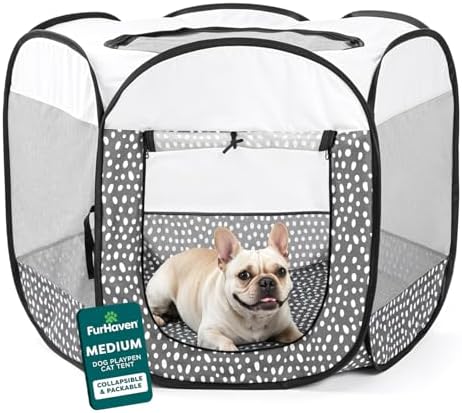 FurHaven Soft-Sided Dog & Cat Playpen, Portable Foldable Indoor & Outdoor Pet Playpen with Mesh Windows & Zippered Door, Gray Pebbles, Medium (Pack of 8) by FurHaven