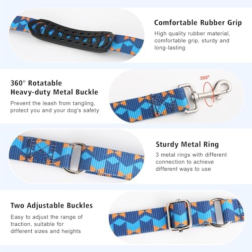 Hands Free Dog Leash, 8.5ft Adjustable Hands Free Leash for Medium Dogs, Versatile Handheld Crossbody Waist Lead with 3 Rings, for Running Jogging Walking, Sponge Handle, Geometric Blue - Image 5