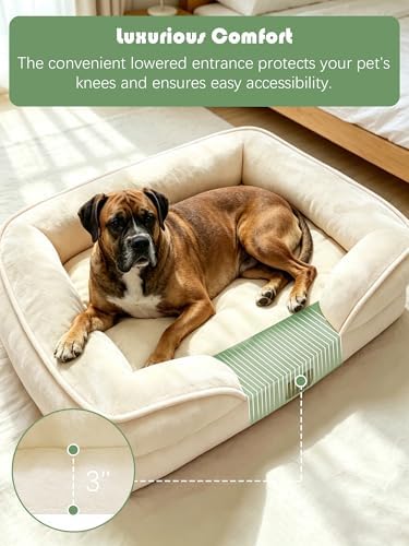 Spotted Play Orthopedic Dog Bed with Sides - Sofa Beds for Large Dogs, Supportive Foam Pet Couch Bed with Washable Removable Cover, Waterproof Lining and Non-Slip Bottom, Ivory - L-Plus - Image 3