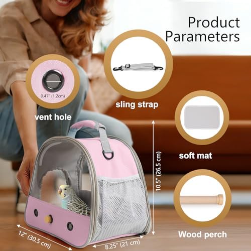 Bird Carrier, Portable Small Bird Parrot Parakeet Carrier with Standing Perch and Mat, Side Access Window Collapsible (Pink, Clear Windows) - Image 2