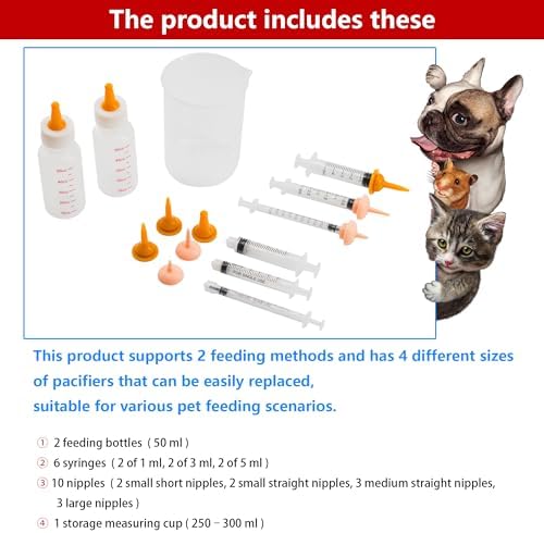 Pet Feeding Bottle and Syringe Set for Puppies and Kittens(2 Bottles,6 Syringes,10 Nipples,1 Storage Measuring Cup) - Image 5