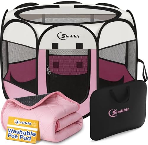Sieidihit Dog Cat Playpen Tent Crate Cage with Washable Pee Pad, Small Pink by Siedihit
