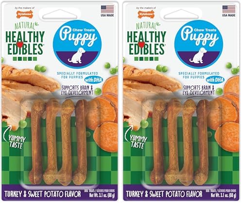 Nylabone Healthy Edibles Natural Puppy Chews Long Lasting Treats for Puppies, Turkey & Sweet Potato Flavor, X-Small/Petite (4 Count) (Pack of 2) by Nylabone