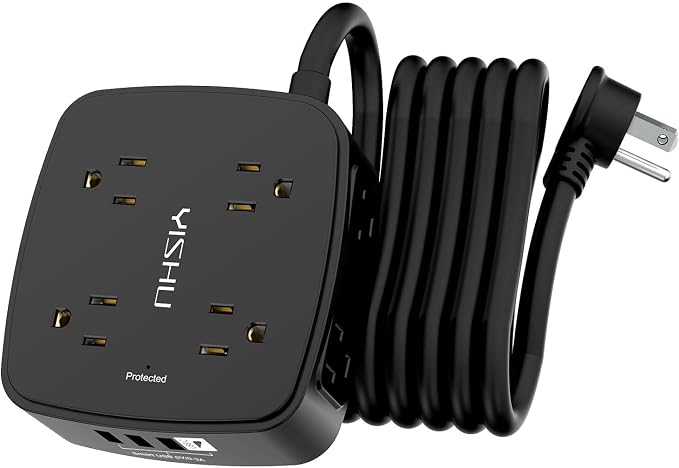 10 Ft Surge Protector Power Strip - 8 Widely Outlets with 4 USB Ports, 3 Side Outlet Extender with 10 Feet Extension Cord, Flat Plug, Wall Mount, Desk USB Charging Station, ETL, Black by YISHU