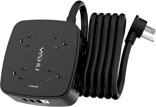 10 Ft Surge Protector Power Strip - 8 Widely Outlets with 4 USB Ports, 3 Side Outlet Extender with 10 Feet Extension Cord, Flat Plug, Wall Mount, Desk USB Charging Station, ETL, Black by YISHU