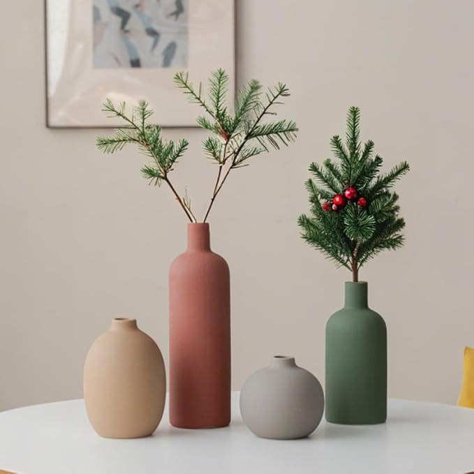 Modern Ceramic Vase Set, Neutral Colors, Decorative Vases for Home Decor, 4 Piece Collection (Green Mix Set 4) - Image 2