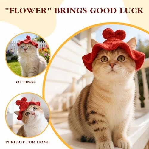 Bow Cat Hat, Cotton & Soft Cute Knitted Hats for Cats Birthday Party Spring Christmas Puppy Hat for Small Pets (Red, M) - Image 2