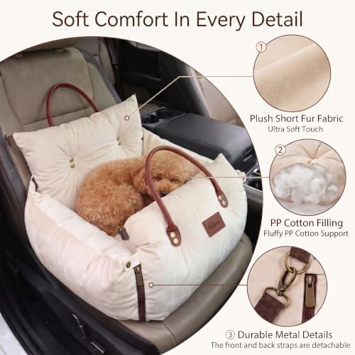 Pet Car Seat with Safety Tether, Carry Handles and Non-Slip Base,Offwhite - Image 4