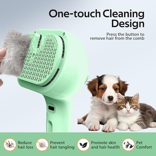 Pet Grooming Brush with Electronic Mist Spray - Gentle Deshedding Tool for Cats & Dogs, Pet Steam Brush，Reduces Shedding, Soft Bristles, Promotes Healthy Coat-Comes with a hair smoothing comb-Greener - Image 3