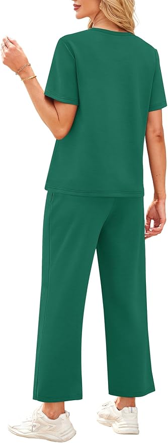 WIHOLL 2 Piece Sets for Women Casual Summer Travel Vacation Outfits Short Sleeve Wide Leg Crop Pants Lounge Sets - Image 5