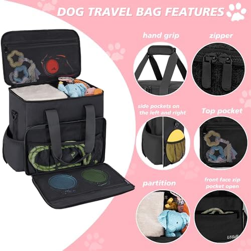 5 Set Dog Travel Bag for Supplies, Dog Lovers, Large Pet Travel Kit Includes 2 Food Containers&2 Collapsible Bowls、Placemats,Black - Image 6