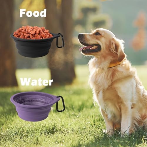 PetBonus 2-Pack Silicone Collapsible Dog Bowls, BPA Free Dishwasher Safe, Portable Foldable Expandable Travel Bowl, Food Water Feeding Cup Dish for Dogs Cats with 2 Carabiners (Black, Dark Purple) - Image 4