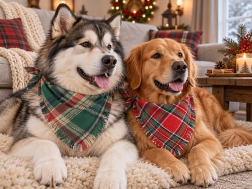 Christmas Dog Bandanas 2-Pack XL,Red-Green Plaid Scarf w/Tassels for Dogs - Image 5