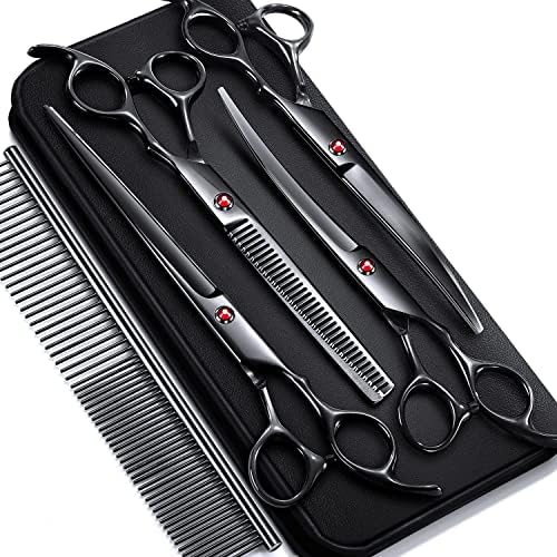 Gimars 7.0in Professional 4CR Stainless Steel Safety Round Tip 6 in 1 Dog Grooming Scissors Heavy Duty Titanium Coated Pet Grooming Scissor for Dogs, Cats and Other Animals by Gimars