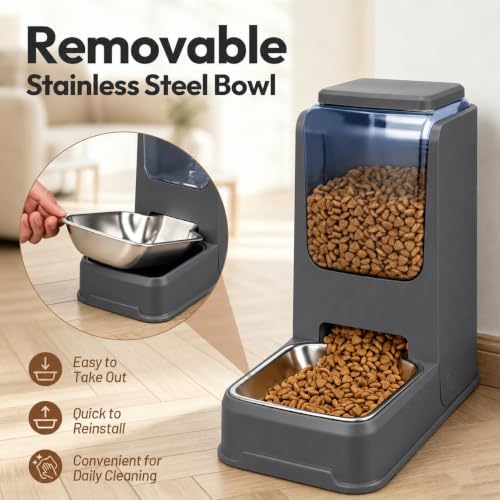 Automatic Cat Feeder and Water Dispenser Set with Stainless Steel Bowls, Gravity Dog Food and Waterer Large Capacity Pet Feeder for Small Medium Kitty Puppy, Gray - Image 5