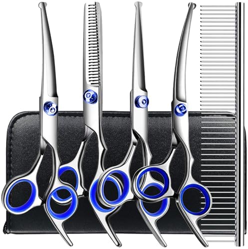 TINMARDA Dog Grooming Kit, Professional Stainless Steel Dog Grooming Scissors with Curved Shears, Blue Finger Rings - 5 Piece Sharp Durable Pet Shears for Dogs Cats At Home Salon-Quality Grooming by TINMARDA