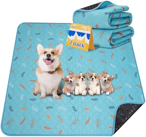Sunheir Washable Pee Pads for Dogs 2-Pack Reusable Puppy Pads Pet Training Pads, Waterproof Dog Pee Pads for Crate, Whelping Pad, Non-Slip Protects Against Urine Leakage (Leaves - Sky Blue, 31x36) by SUNHEIR