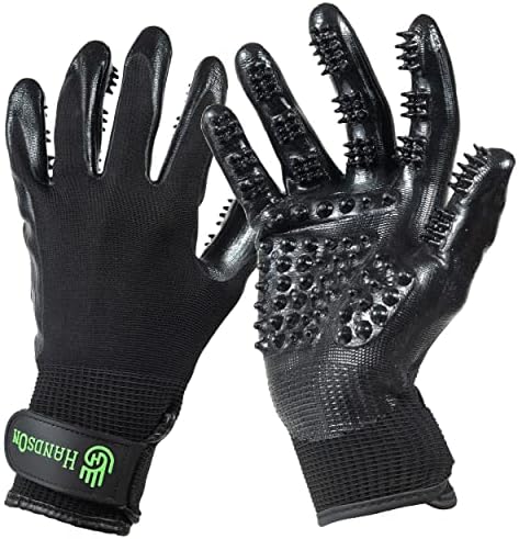H HANDSON Pet Grooming Gloves - Patented #1 Ranked, Award Winning Shedding, Bathing, & Hair Remover Gloves - Gentle Brush for Cats, Dogs, and Horses (Black, Small) by HandsOnPatentedOriginalGroomingBathingGloves