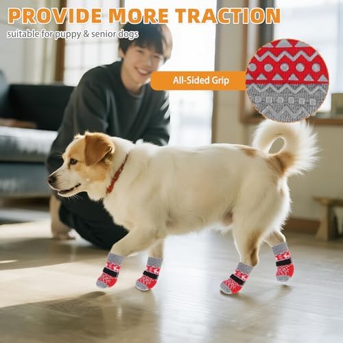 KOOLTAIL Dog Socks to Prevent Licking Paws, Dog Christmas Outfit Shoes for Winter Snow Pavement, Warm Fleece Pet Boots & Paw Protector for Hardwood Floors Anti Slip, Small Medium Large Size, Red M - Image 5