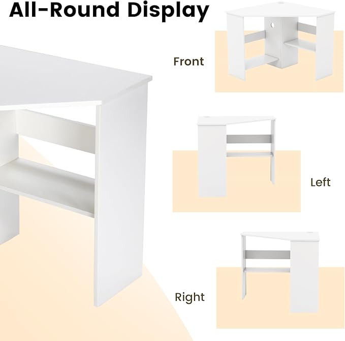 GOFLAME Corner Desk with Storage Shelves, Triangular Computer Desk with Cable Management Holes, Laptop Workstation for Small Space, Makeup Vanity Desk for Living Room, Study, White - Image 8