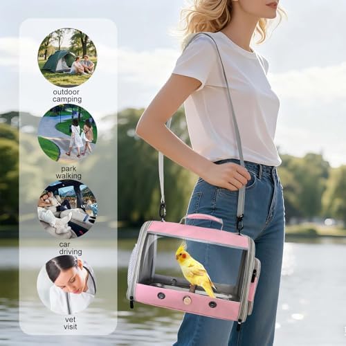 Bird Carrier, Portable Small Bird Parrot Parakeet Carrier with Standing Perch and Stainless Steel Tray, Side Access Window Collapsible (Pink, Cylinder Design - Clear) - Image 5