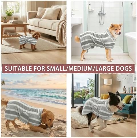Fast Drying Dog Bathrobe, Super Absorbent Stripes Dogs Towel, Adjustable Warm Keeping Pet Puppy Bath Supplies (Grey, XS) - Image 5
