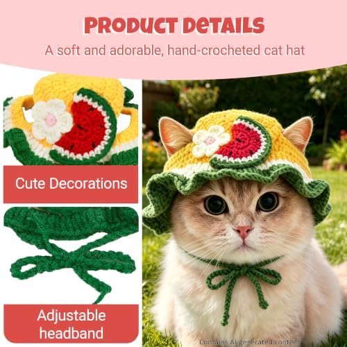 Watermelon Cat Hat, Cotton & Soft Cute Knitted Hats for Cats Birthday Party Spring Christmas Puppy Hat for Small Pets (Green,M) - Image 2